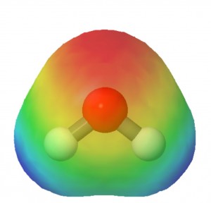 An image of h2o displayed onto a canvas via javascript with the electrostatic potential mapped across the Van der Waals radius in color.
